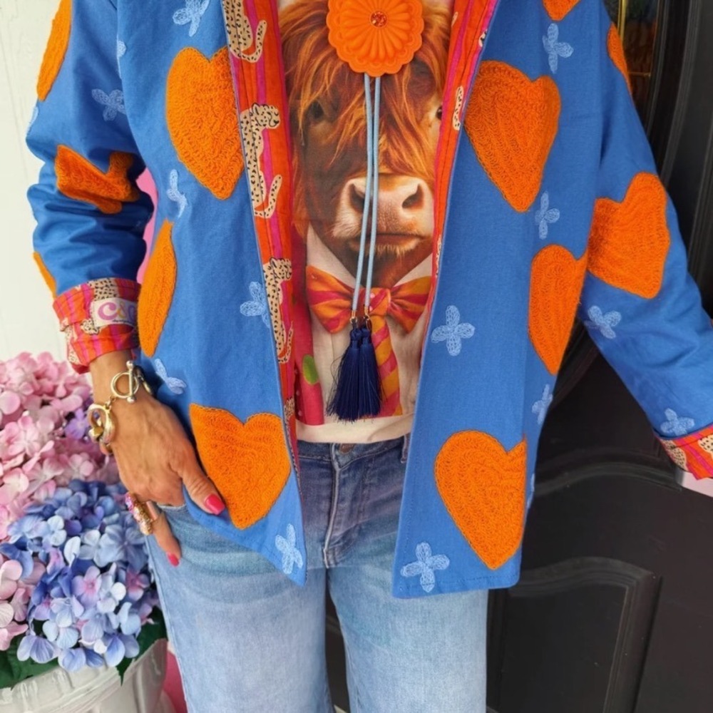 Chap & Graham Designs Heart Cross Jacket Blue Embroidered Leopard Boho One Size